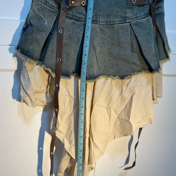 Denim and Beige Layered Skirt with Brown Straps - Picture 2 of 6